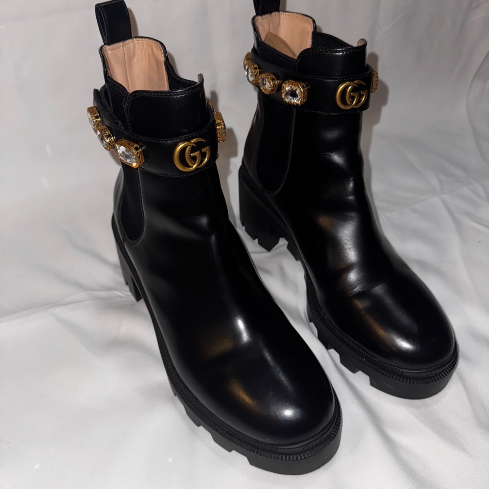 Gucci Calfskin Crystal GG Trip Chelsea Ankle Boots - Picture 4 of 10